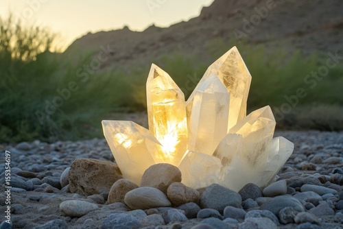 Illuminated quartz crystals cluster rests on a bed of pebbles at sunset, radiating warmth and ethereal beauty.