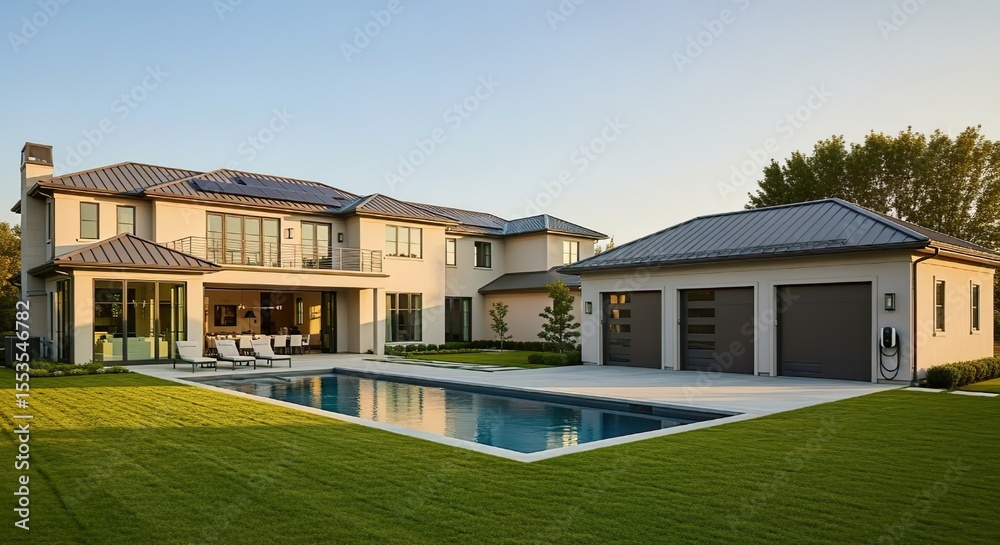 Contemporary luxury home with solar panels on the roof, a clean pool, and a well-manicured lawn, promoting sustainable living and energy efficiency. Contemporary luxury home with solar panels on the roof, a clean pool, and a well-manicured lawn, promoting sustainable living and energy efficiency.