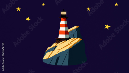 faro illuminato su uno sperone roccioso in una notte stellata