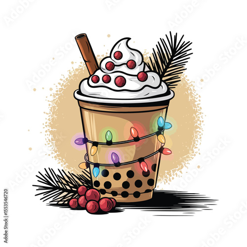 A festive holiday-themed drink in a takeaway cup with whipped cream on top, sprinkled with red berries and a cinnamon stick.The cup is wrapped with colorful Christmas lights