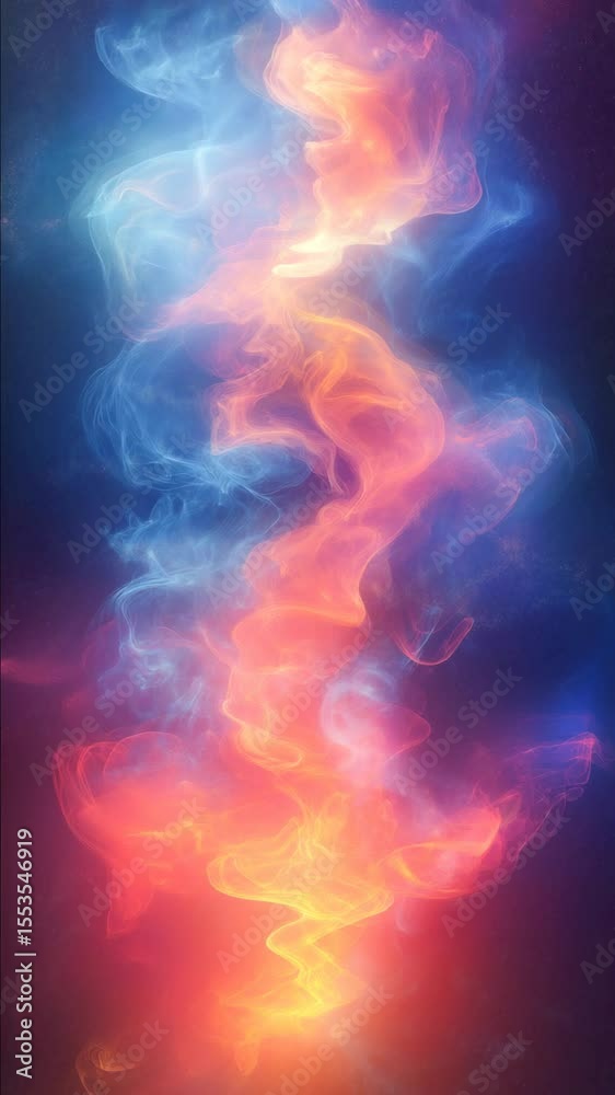 Abstract flow of colorful smoke or energy in a red-blue palette on a dark background. Intertwined light and color form a dynamic flame-like effect. Vertical format, futuristic and magical aesthetic.