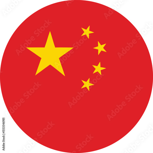 Vector illustration of China national flag in circular format featuring five golden stars on a red background symbolizing unity and communism