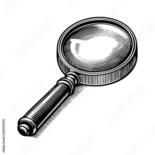 Magnifying glass engraving black and white outline. Scratch board imitation.  illustrated in vintage line art style on a white background.