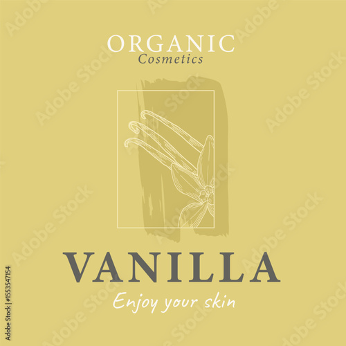 Vanilla Flower with Sticks Label. Hand drawn vector illustration of Natural cosmetics design template with drawing of vanilla. Sketch in line art style for package of aromatherapy and spa.