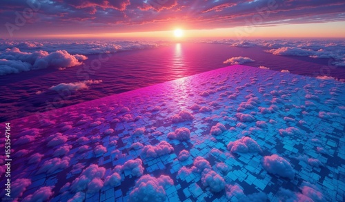 Abstract Magenta Cyan Sky Mosaic: Pixelated Sunset Clouds, Serene Horizon, Dramatic Lighting