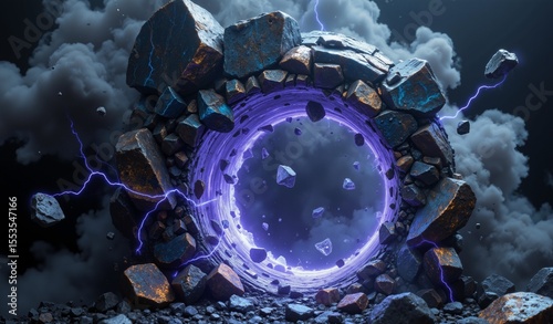 Violet Luminescence And Electric Blue Lightning Within Fractured Obsidian Portal Effect