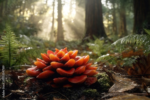 Vibrant orange mushrooms cluster in a sun-dappled forest, showcasing nature's beauty.