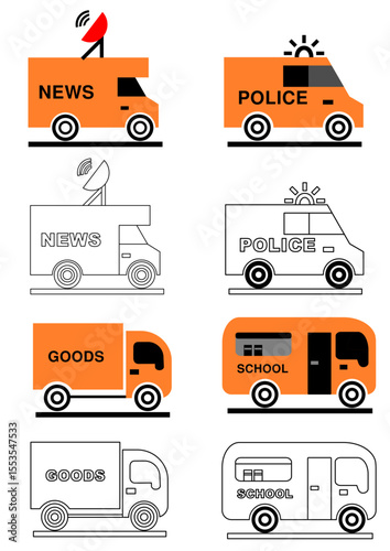 transportation flat icons vector set of service and utility vehicles – news, police, goods, school van icons