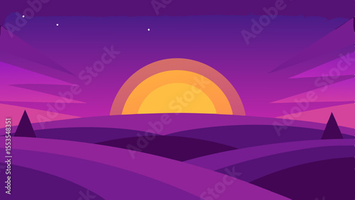 Abstract Purple Landscape with Rising Sun and Minimalist Trees at Twilight