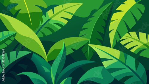 Lush Green Tropical Foliage Illustration with Banana Leaves and Palm Fronds