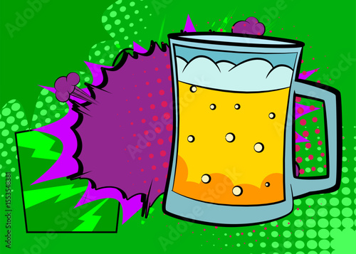 Cartoon Beer glass, comic book beverage. Retro vector comics pop art design.