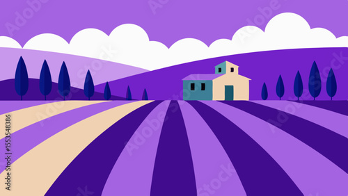 Lavender Fields and Country House A Serene and Minimalist Landscape Illustration
