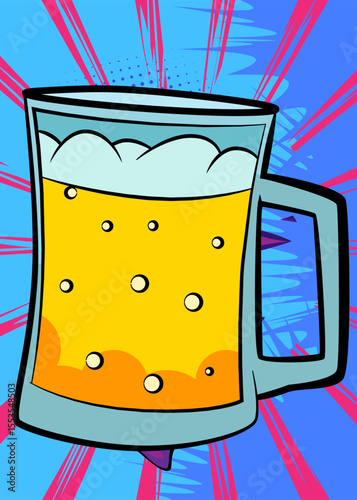 Cartoon Beer glass, comic book beverage. Retro vector comics pop art design.