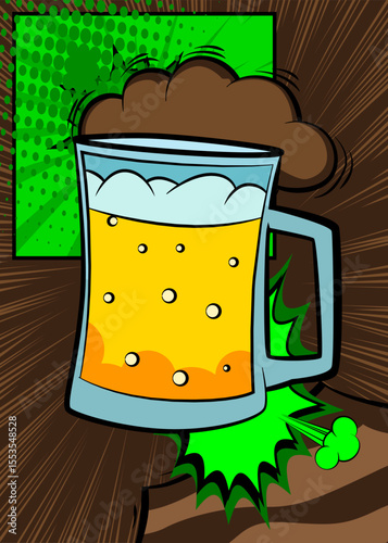 Cartoon Beer glass, comic book beverage. Retro vector comics pop art design.