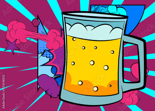 Cartoon Beer glass, comic book beverage. Retro vector comics pop art design.