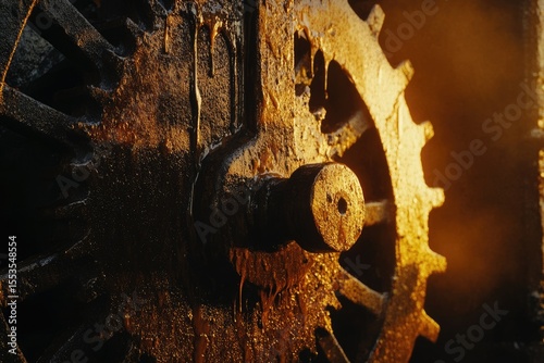 Close-up of an old, rusty gear wheel, glistening with oil in the golden sunlight.
