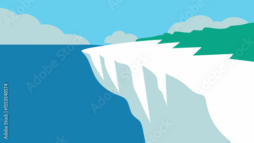 Coastal Cliff Landscape with Ocean Greenery and Cloudy Sky in Flat Vector Style