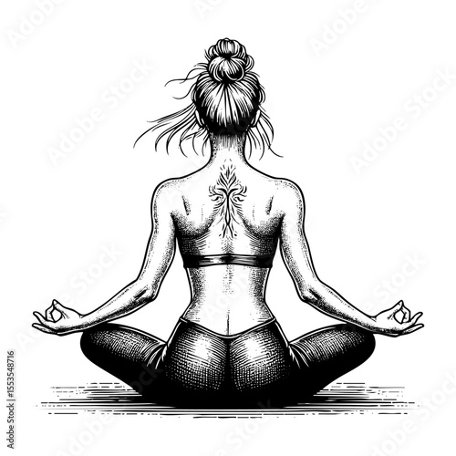 Woman yoga doing lotus pose engraving black and white outline. Scratch board imitation. illustrated in vintage line art style on a white background.