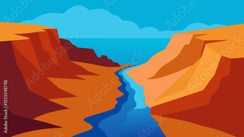 Stylized Canyon Landscape with River Cliffs Blue Sky and Clouds Illustration