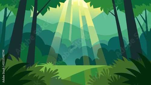 Sunlight Streaming Through a Lush Green Forest Illustration