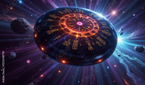 Crimson And Gold Glyphs Floating In Nebula Of Violet And Cerulean Stardust, Cosmic Secrets