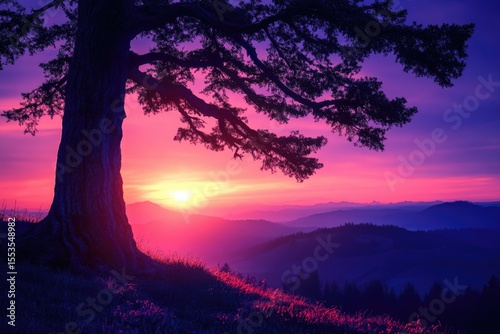 Majestic tree silhouetted against a vibrant sunset over rolling hills, creating a breathtaking landscape.