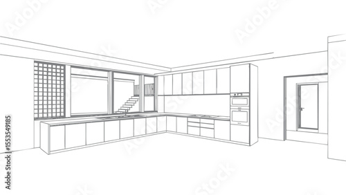 Kitchen Space Interior Design Outline with Cabinets