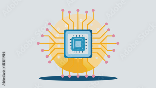 a central processing unit with circuit board and pink nodes on a light background