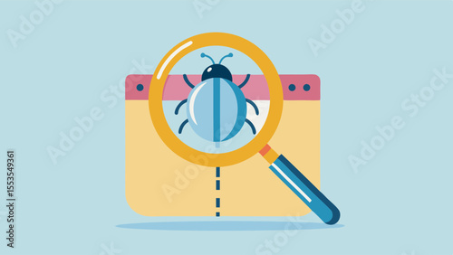 A cartoon bug is being inspected with a magnifying glass on a light blue background illustration