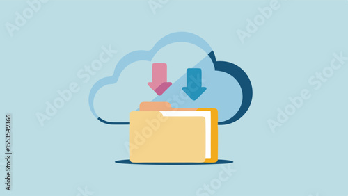Cloud storage concept with folder and download arrows for data transfer and backup process