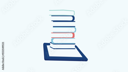 Stack of books with blue and red covers placed on a digital tablet against a white background scene