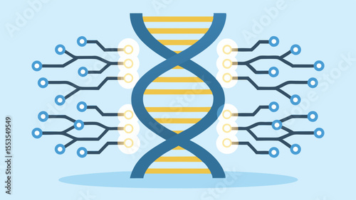 a dna strand connected to a network of nodes and branching pathways on light blue