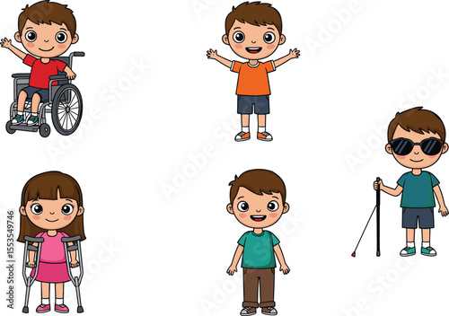 Happy children with disabilities, kids with crutches, boy in wheelchair, blind child with cane, inclusive education, cartoon kids illustration, diverse abilities, vector cartoon illustration