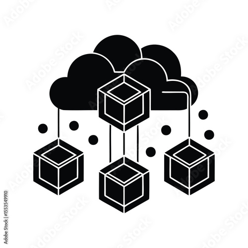 Conceptual cloud computing architecture with data cubes suspended from the network