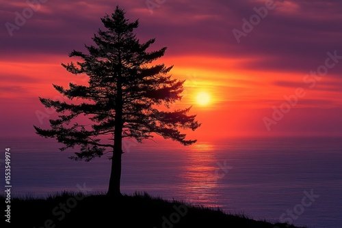 Silhouetted tree stands tall against a vibrant sunset over a calm ocean.