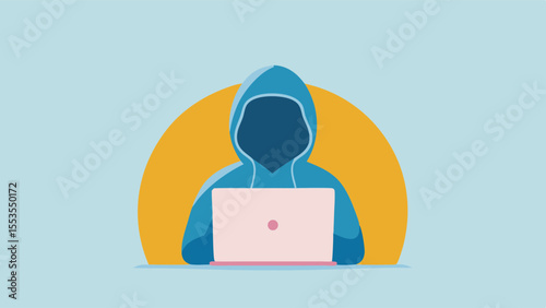 Person in a hoodie using a laptop against a yellow circle on a light blue background illustration