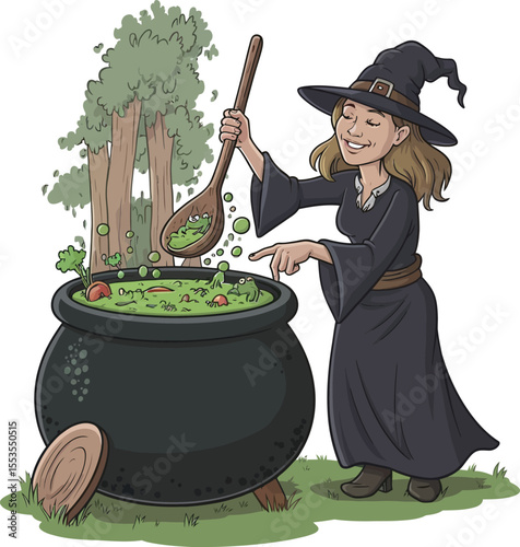 Witch Brewing Potion in Forest Cauldron