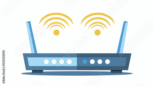 a blue wireless router with dual antennas and wifi signal icons on a white background