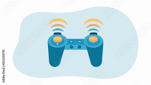 Blue wireless game controller with orange buttons on a light blue background design