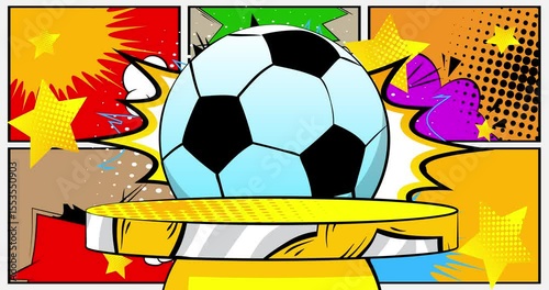 Comic Book Product podium stage animation for presentation with Soccer Ball. Retro comics background video.