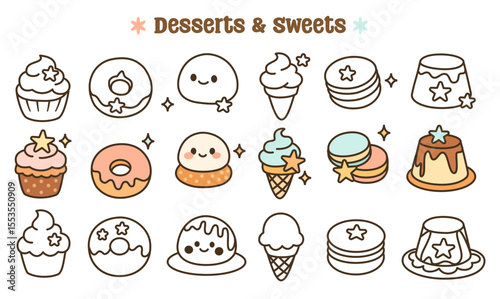 Delightful icon set featuring desserts and sweets, including cupcakes, ice cream, donuts, and macarons, perfect for any sweet themed project