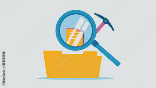 Folder with document under magnifying glass and pickaxe for data mining concept illustration