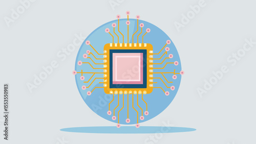 a microchip with pink square center on a blue circle with yellow connections around it