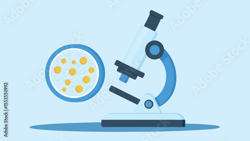 a microscope next to a petri dish with yellow circles on a light blue background color