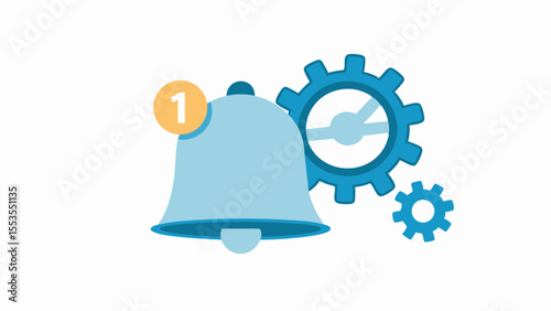 a notification bell with number one and two gears on a white background design