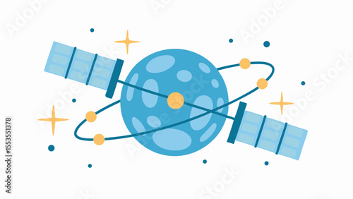 a satellite orbiting a blue planet with stars and dots on a white background view