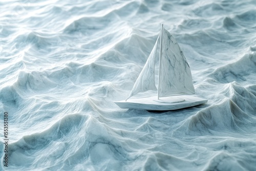 A miniature marble sailboat navigates a sea of sculpted marble waves, serene and symbolic.