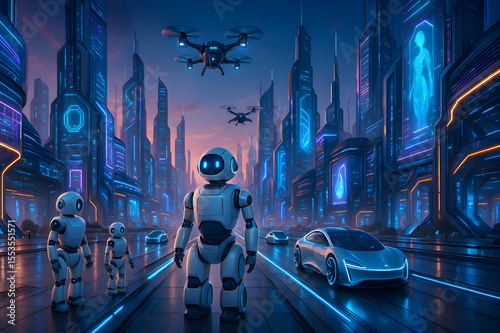 In a vast, abandoned city of the future, intelligent maintenance robots continue their routines as if humanity never left