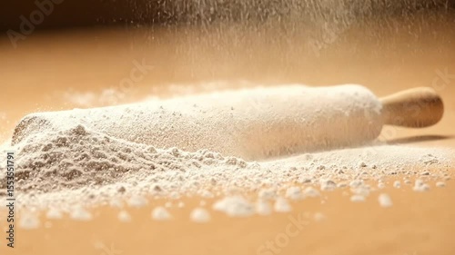 This video showcases a rolling pin covered in flour. Ideal for cooking tutorials and baking demonstrations. Inspire creativity in the kitchen. Generative AI