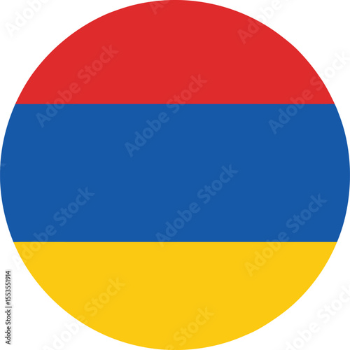 Round vector icon of Armenia national flag with horizontal red, blue, and yellow stripes, simple flat design for patriotic and geographic themes